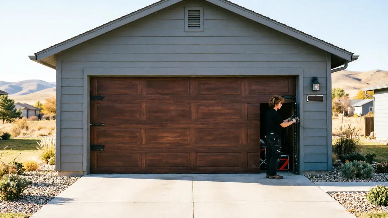 A technician works on a brown garage door of a gray house.