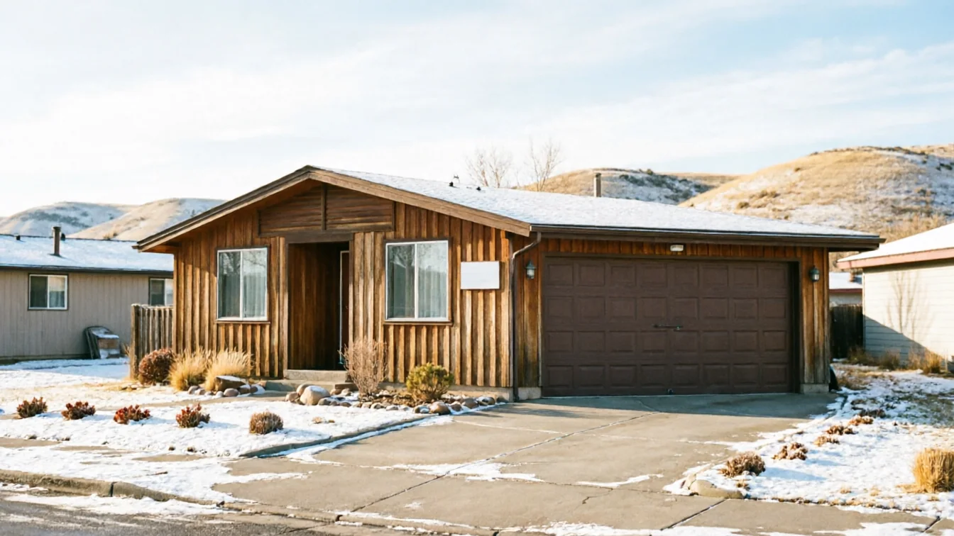 A brown garage door on a wooden house with snow on the ground and roof.
