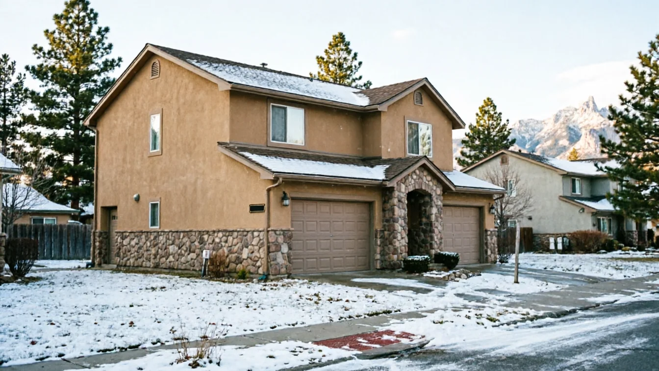 The house has two brown garage doors, a stone facade, and a snow-covered roof.