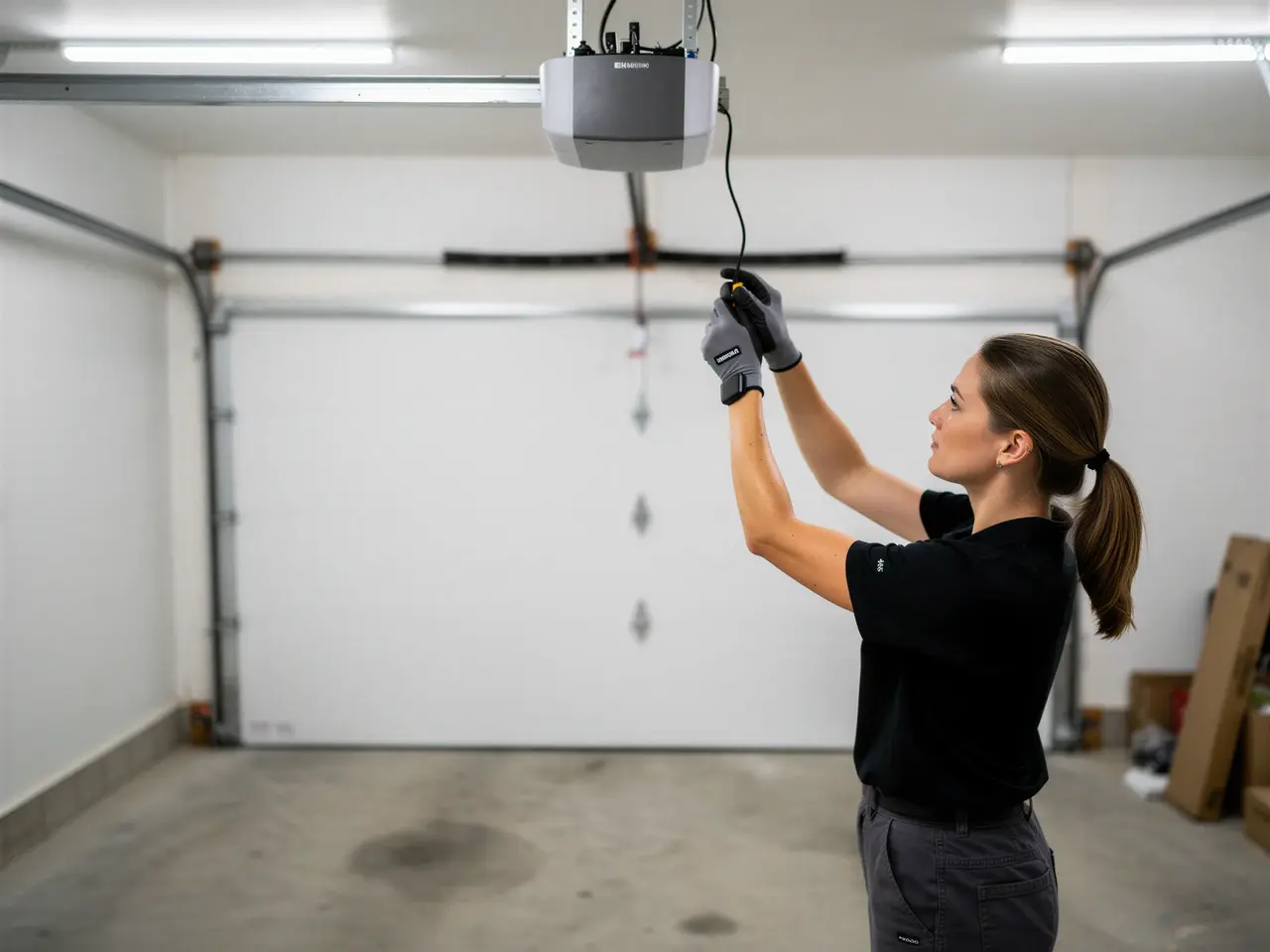 A technician in gloves pulls a cord on a garage door opener.
